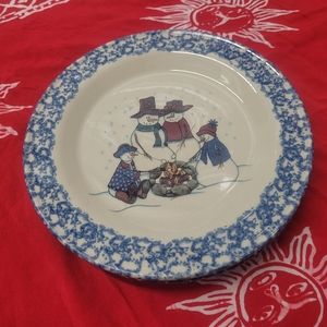 Roseville Pottery Gerald E. Henn Spongeware 10" Plate, Snowman